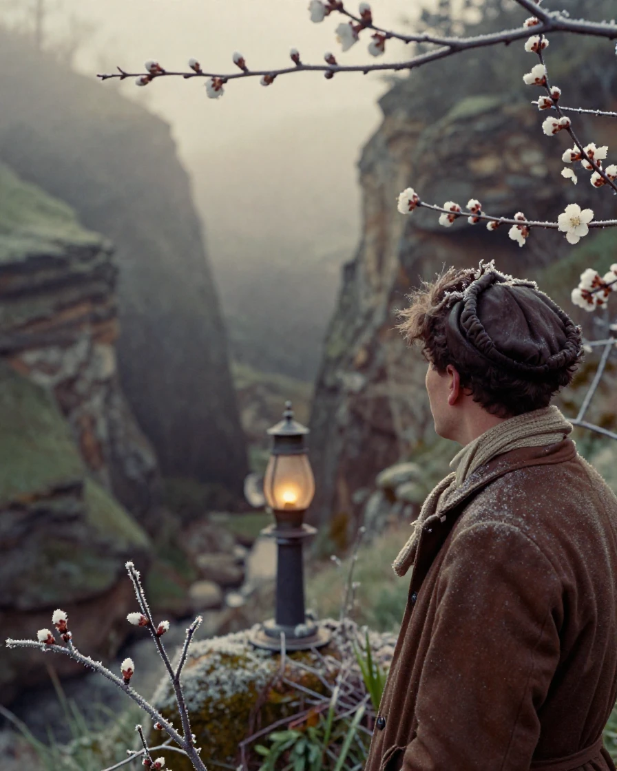 Mist rolling through a deep mountain gorge at dawn, in low lamplight, with frost coating every surface, as spring blossoms unfurl, with muted olive and rust colors, over the shoulder of the main subject.