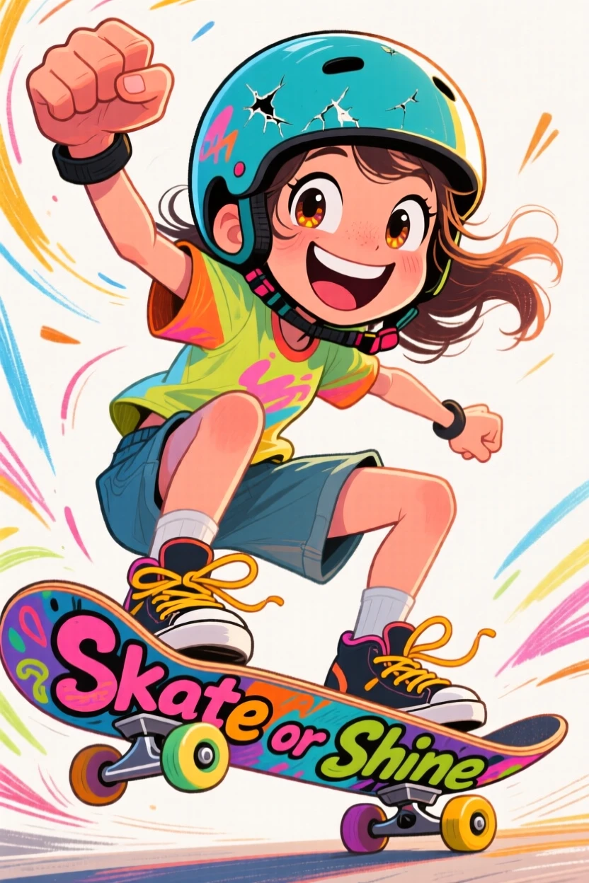 A young skateboarding girl in a helmet doing a fist pump after landing a trick.