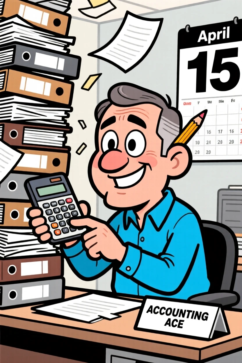 A vibrant profession-themed portrait of a diligent accountant surrounded by towering stacks of paperwork, pencil behind his ear and calculator in hand.