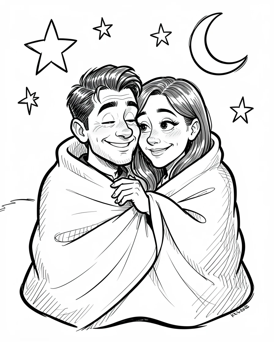 [Family & Relationship Moments] Heartwarming scene of a couple stargazing together wrapped in a cozy blanket, radiating love and warmth
