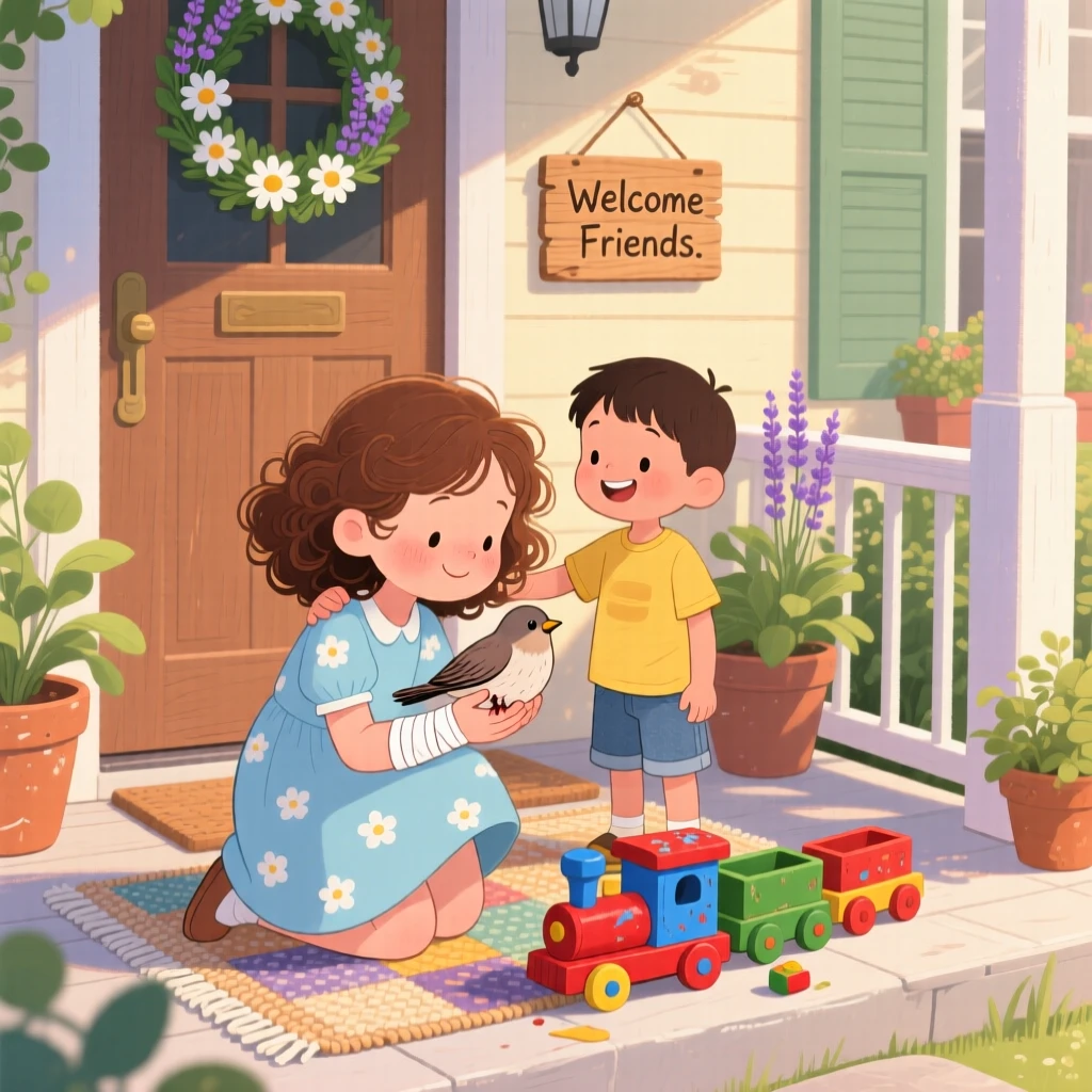 A girl and an injured bird share a tender moment returning a lost toy to its owner in a cozy front porch, with a gentle hand resting on a shoulder.