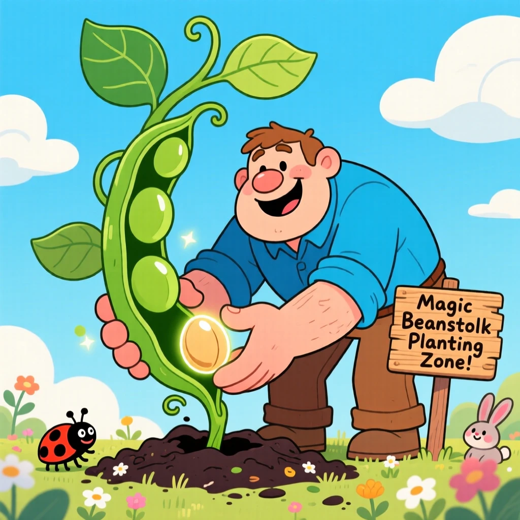 A friendly giant planting a seed that grows into a giant beanstalk.
