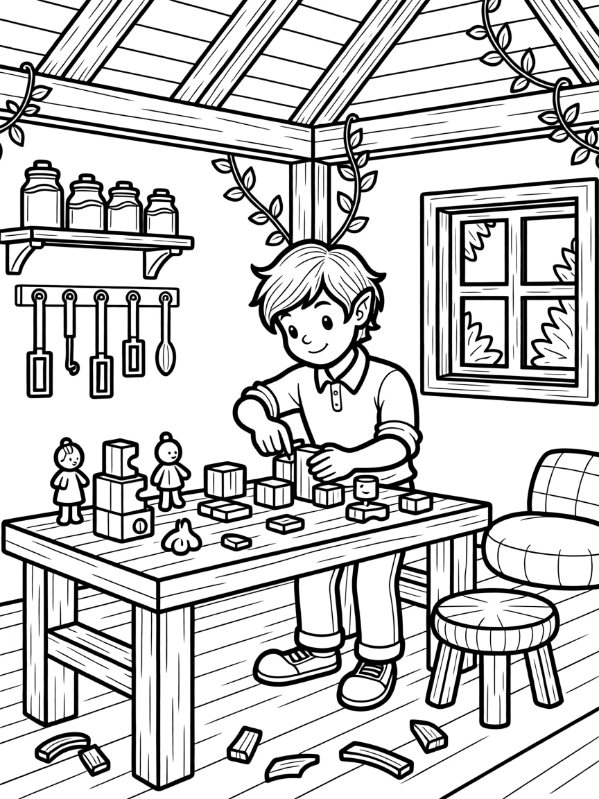 A elf carpenter carving wooden toys in a cozy treehouse workshop