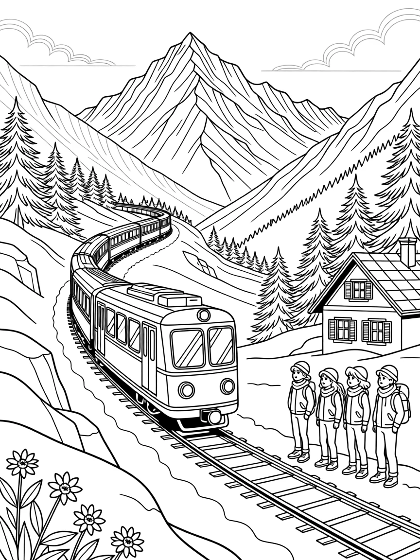 A train winding through the Swiss Alps, with a warm golden light bathing the scene.