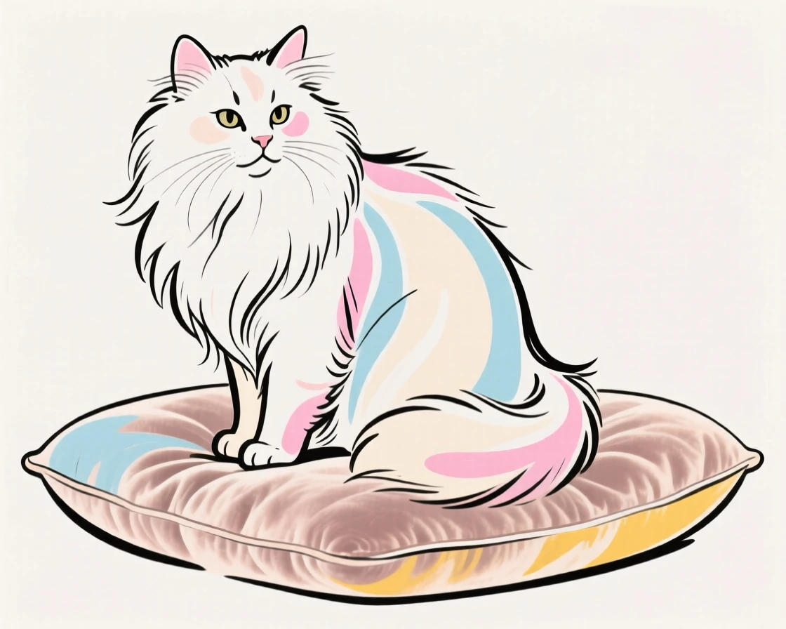 A Persian cat with long fluffy fur sitting on a velvet cushion.
