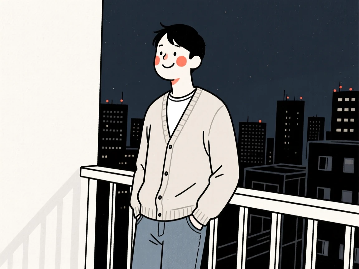 A newlywed man in a soft cardigan and jeans, smiling warmly, on a city balcony at night.