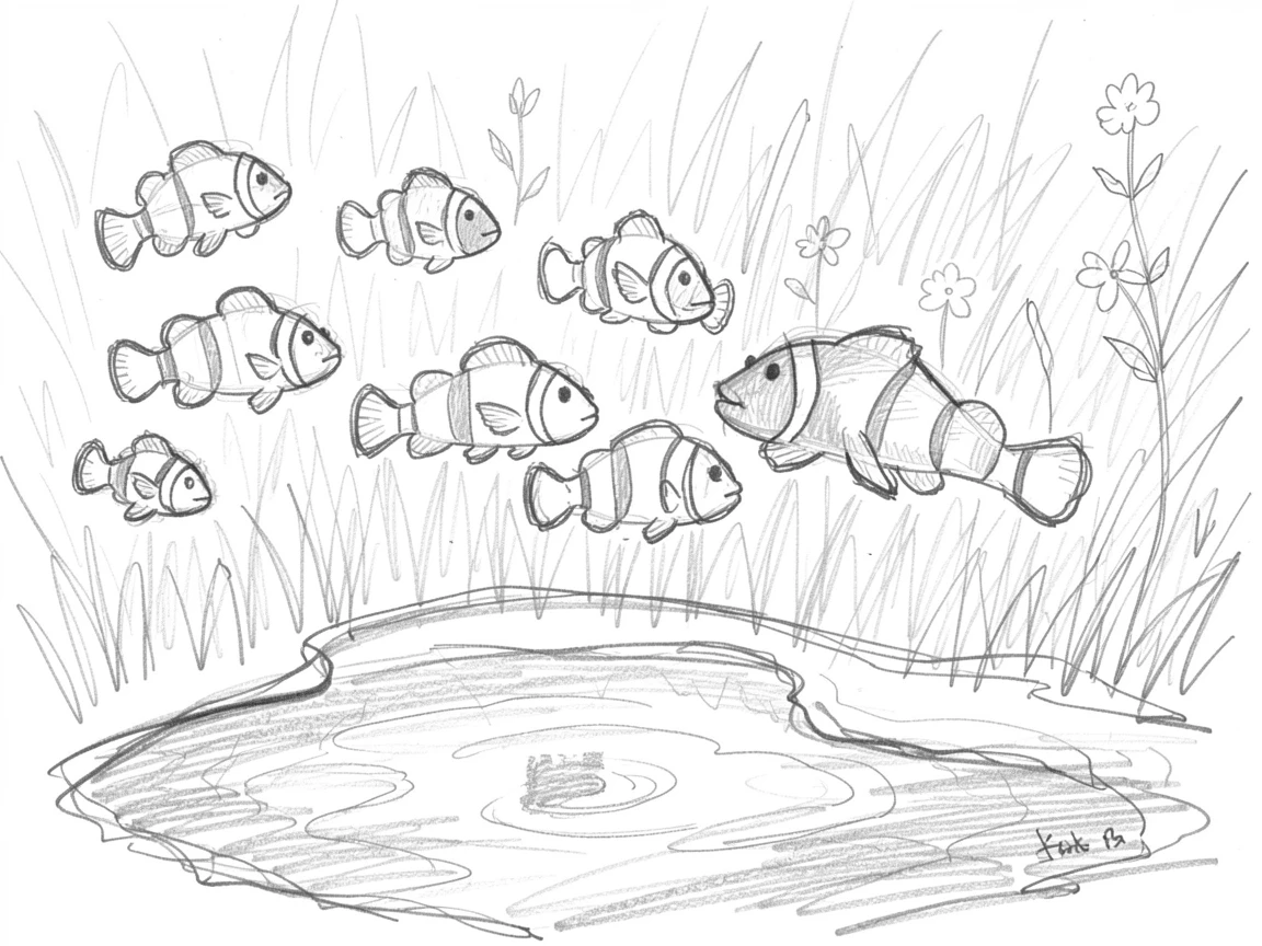 A school of colorful clownfish playing in a sunlit meadow, with its reflection shimmering in a pond.