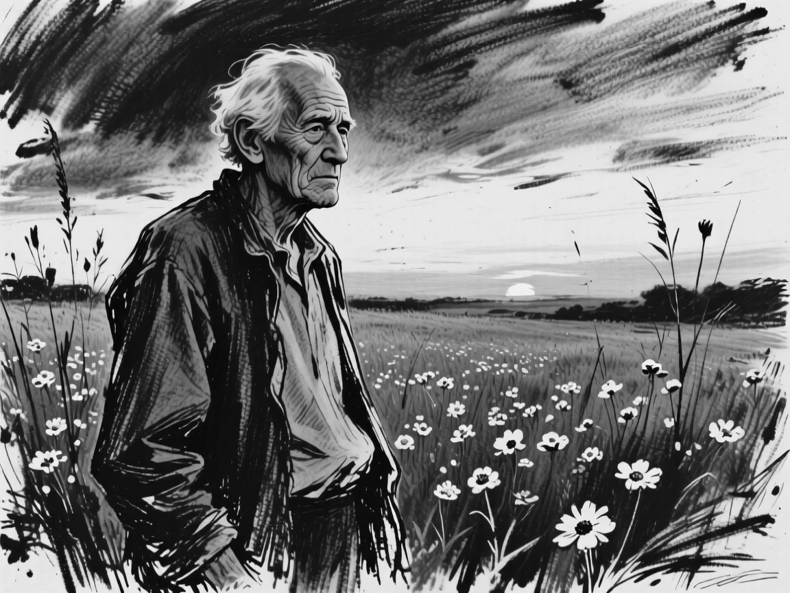 A grandfather gazing thoughtfully into the distance at sunset, in a flower-filled meadow.