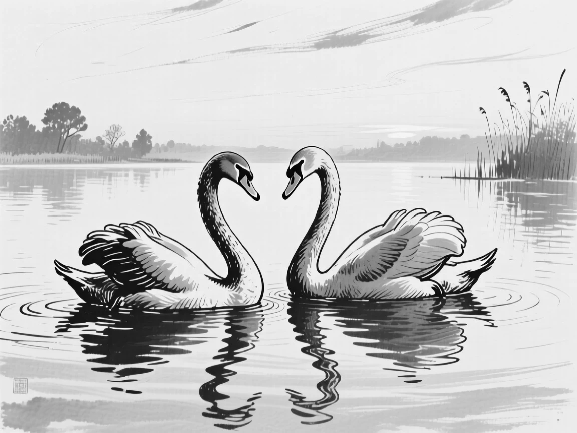 A pair of swans gliding gracefully across a still lake at dawn.