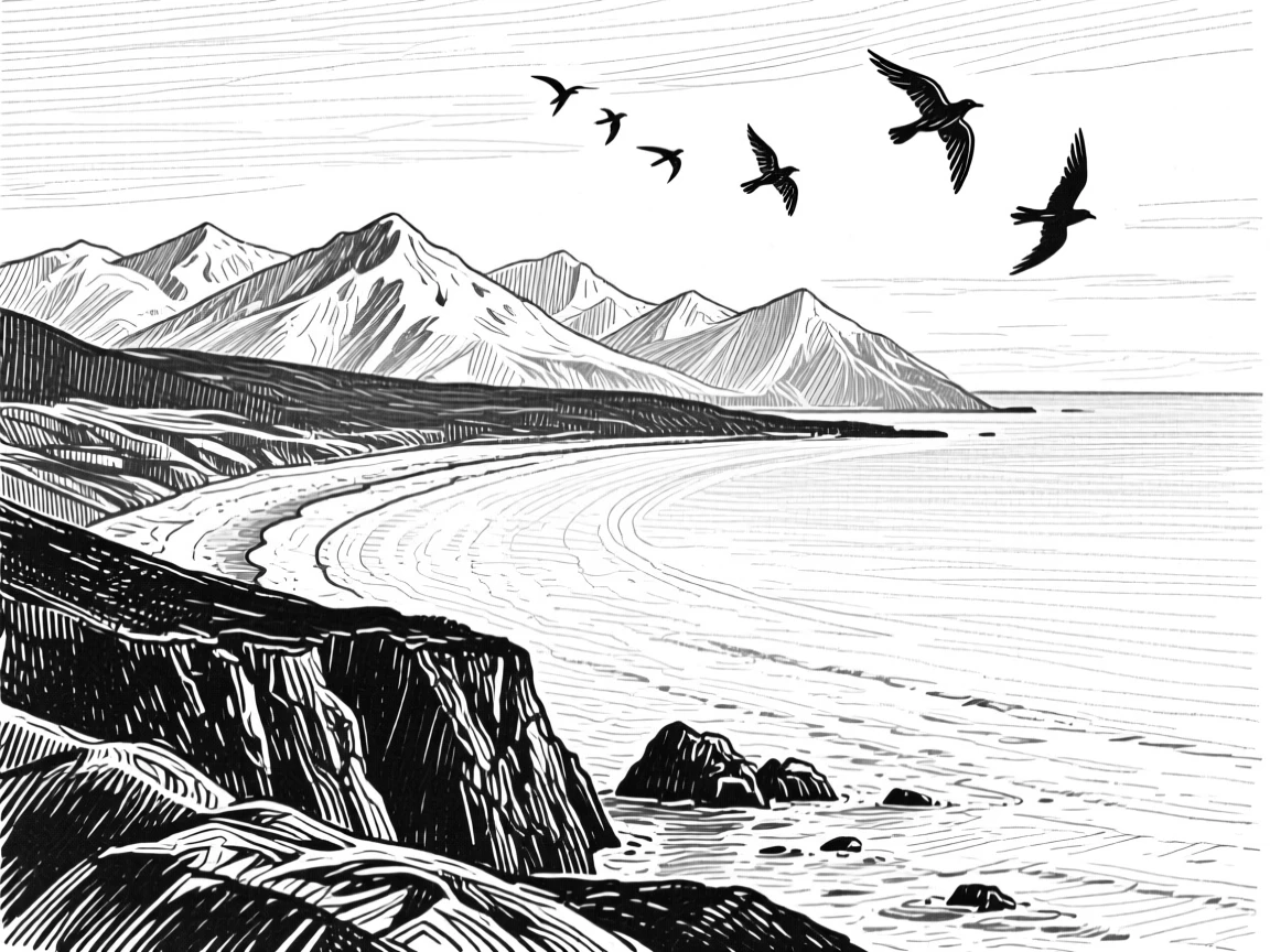 A curved coastline surrounded by distant snow-capped peaks, with birds circling lazily overhead, evoking a peaceful and untouched atmosphere in a wide, balanced composition.