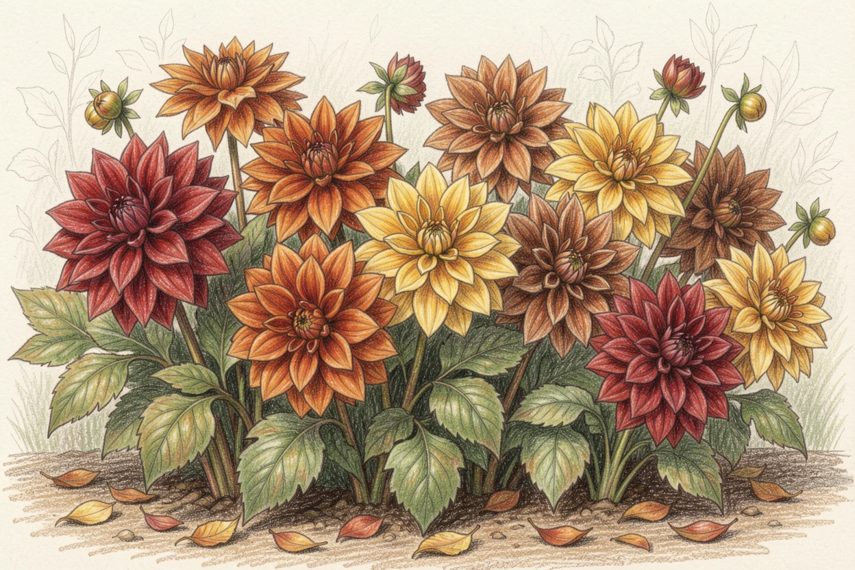 A garden bed bursting with dahlias in rich autumn colors, arranged with soft, natural asymmetry for an effortless look, celebrating nature's delicate artistry.