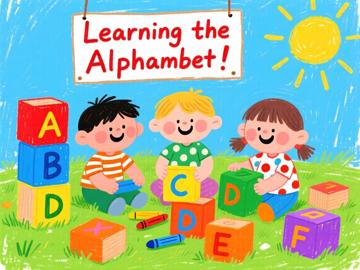 Children learning the alphabet with colorful wooden blocks.