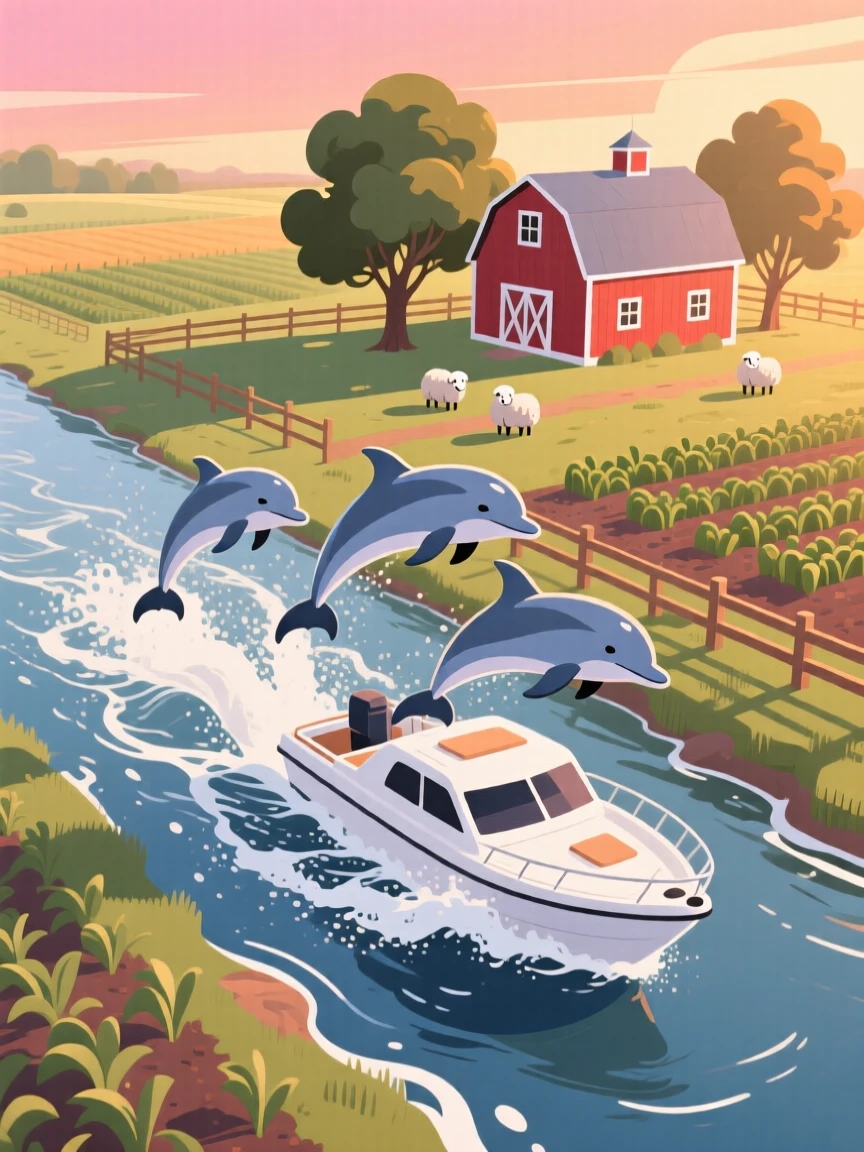 A group of dolphins riding the bow wave of a boat, set within a peaceful farmyard at early morning, shown from above in a charming bird's-eye view, with vivid, richly saturated colors that pop.