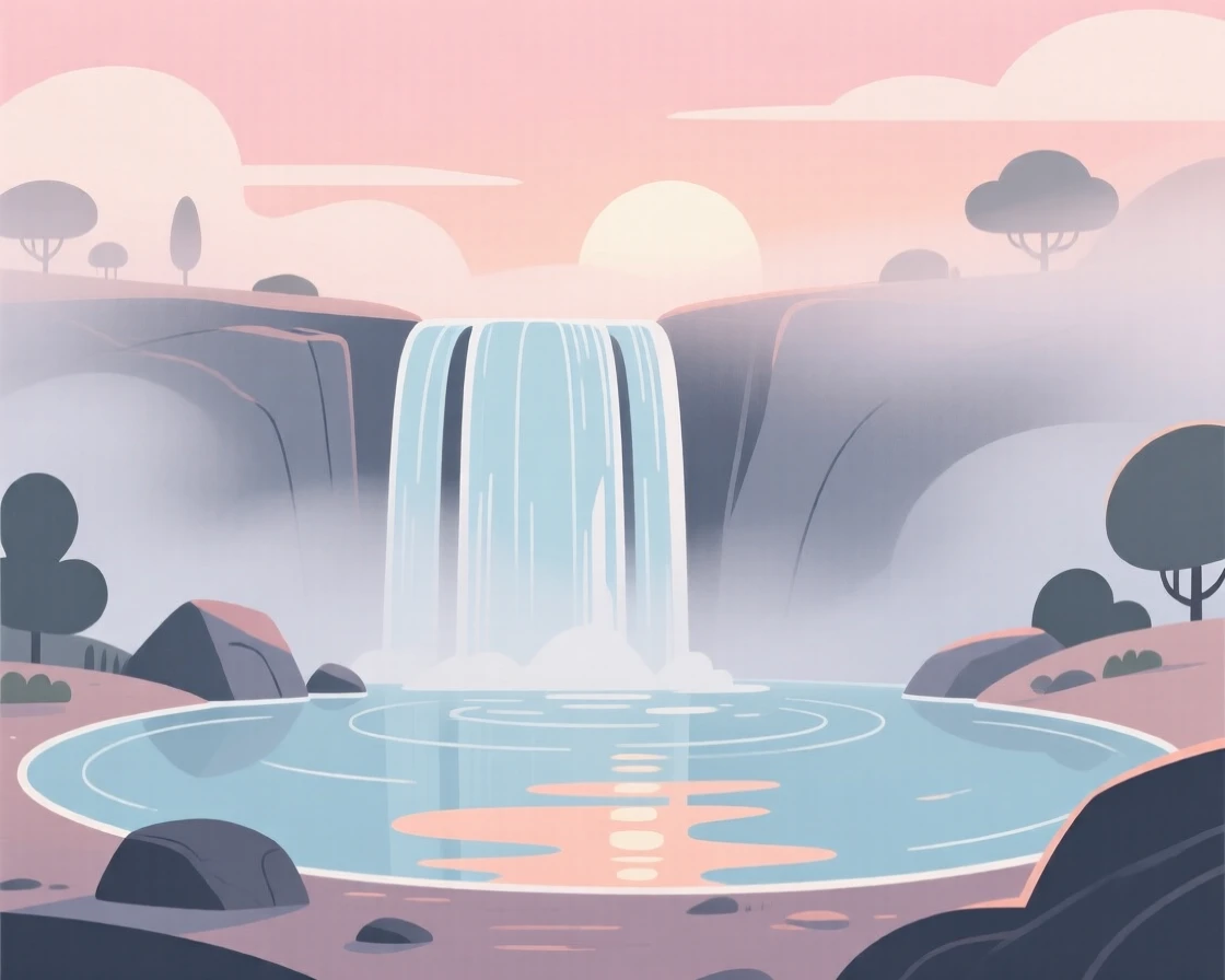 A misty waterfall basin at sunrise with soft light filtering through the low clouds.