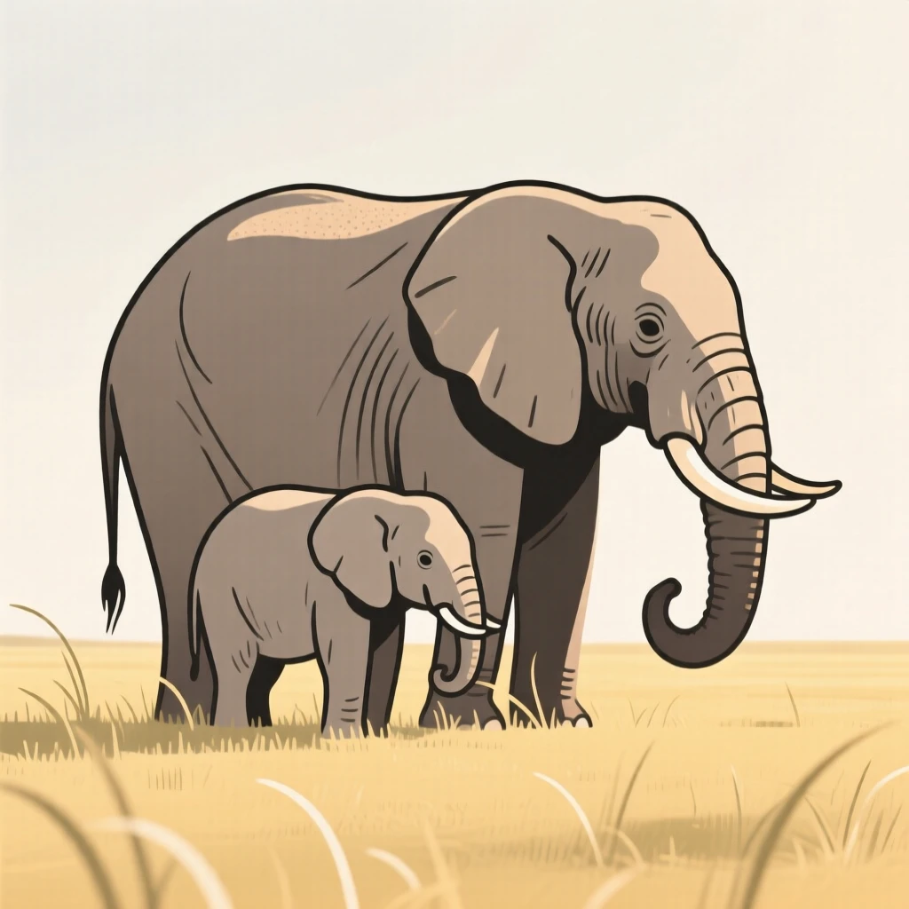 An elephant and its young watching alertly from a distance together in a sunlit meadow, expressing wild freedom.