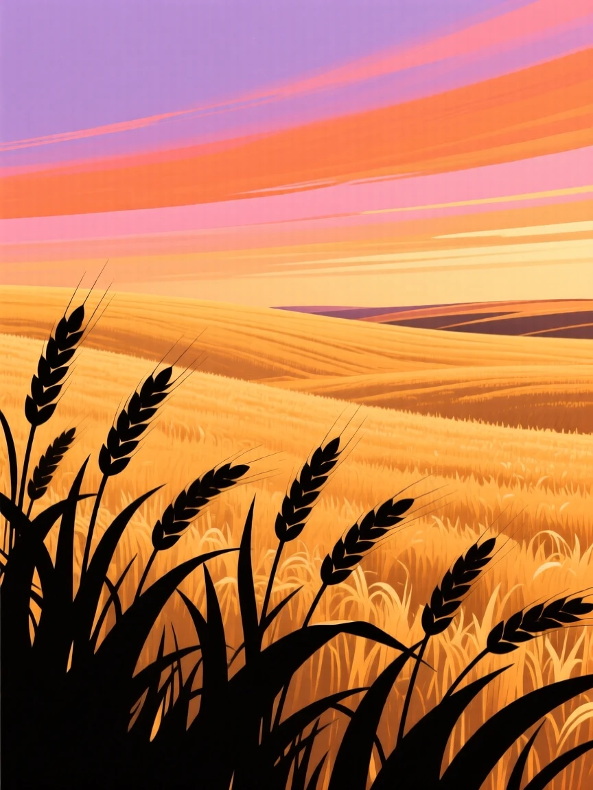 An endless golden wheat field swaying under a wide open sky.