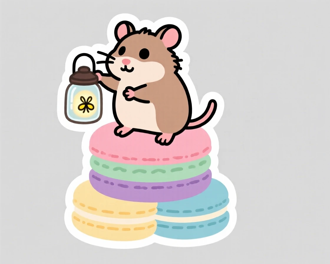 A determined tiny hamster carrying a lantern made of a firefly jar, on top of a stack of pastel macarons.