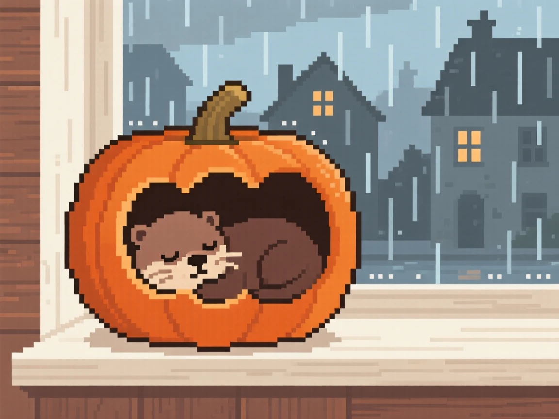 A young otter wrapped up for a nap inside a pumpkin, on a windowsill overlooking a rainy town.