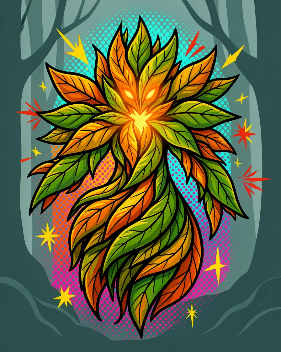 A forest spirit made of leaves and lit light