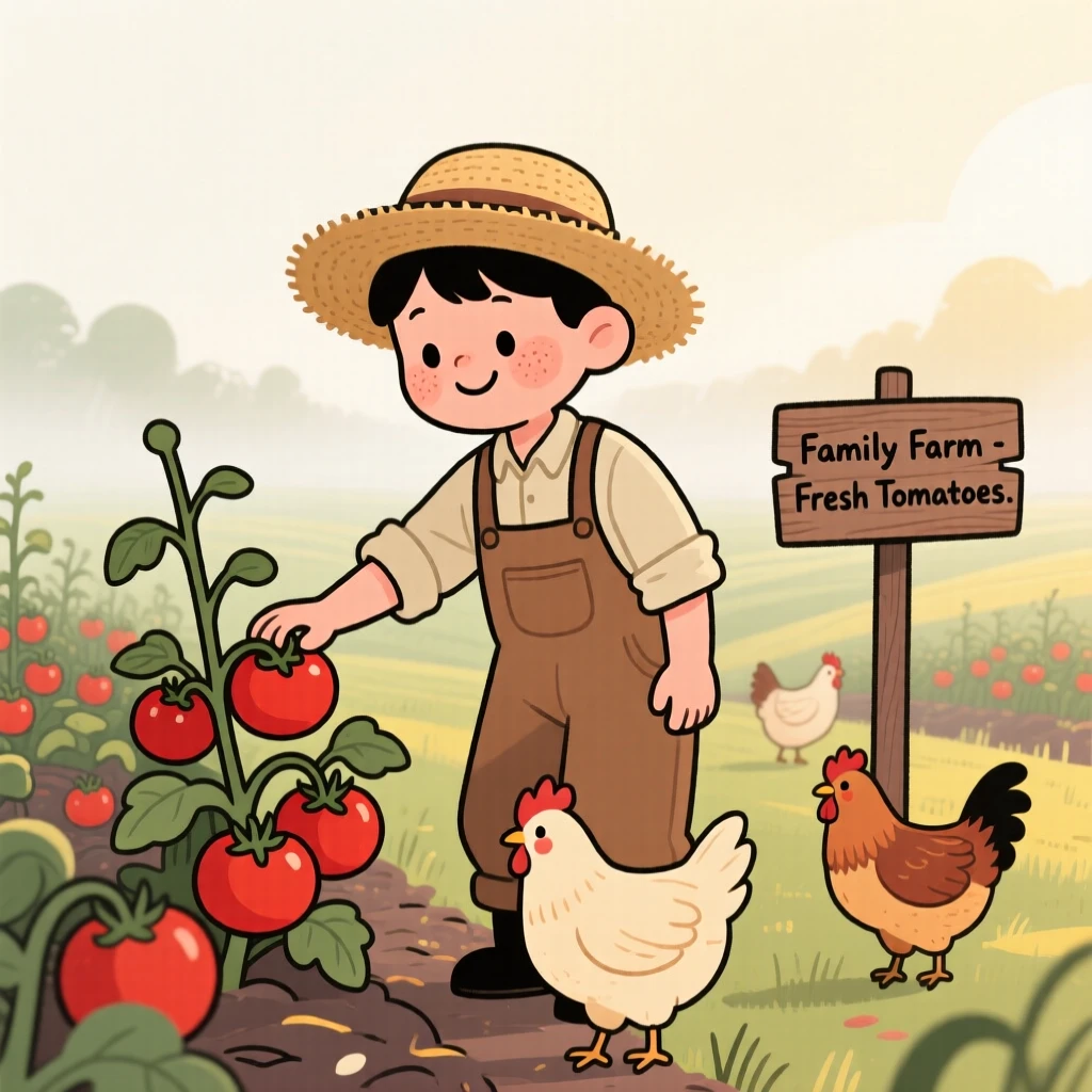 A young farmer tends rows of ripening tomatoes on a small family farm as chickens wander nearby and the morning mist begins to lift.
