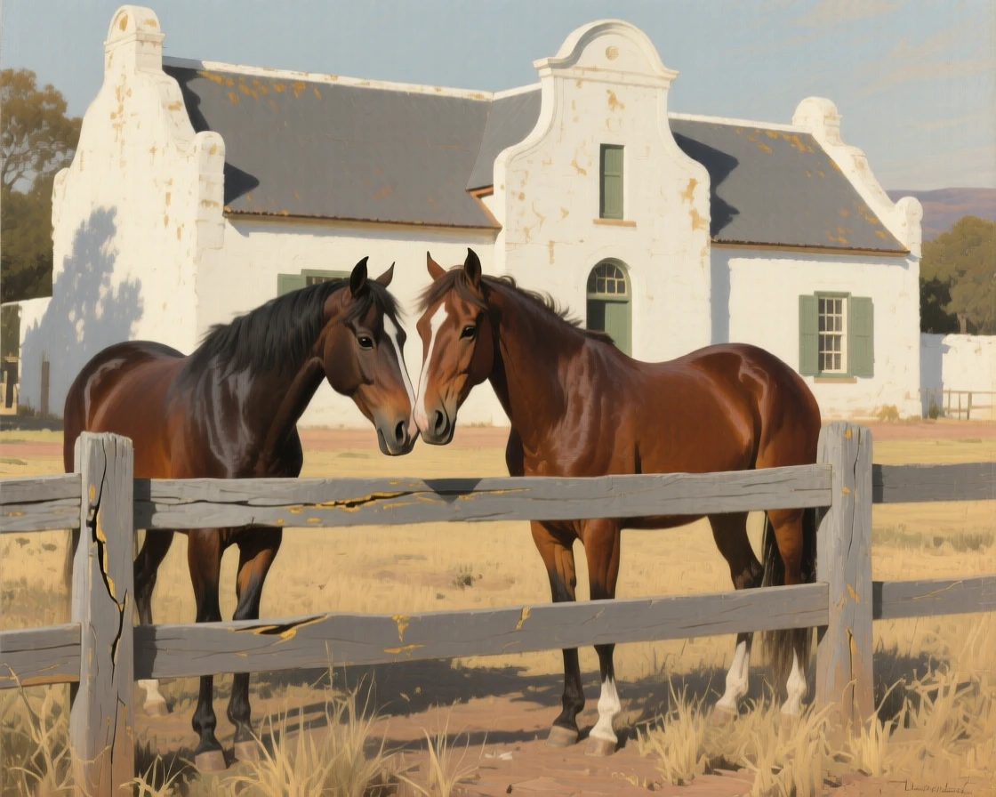 A balanced composition of a pair of horses nuzzling over a wooden paddock fence, in a Cape Dutch farmstead in South Africa, in the 1940s.