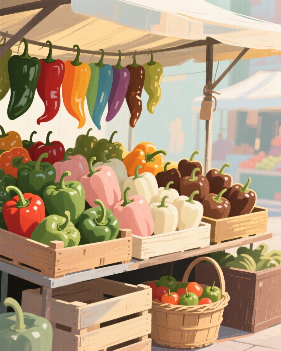 A market stall displaying a rainbow of heirloom peppers