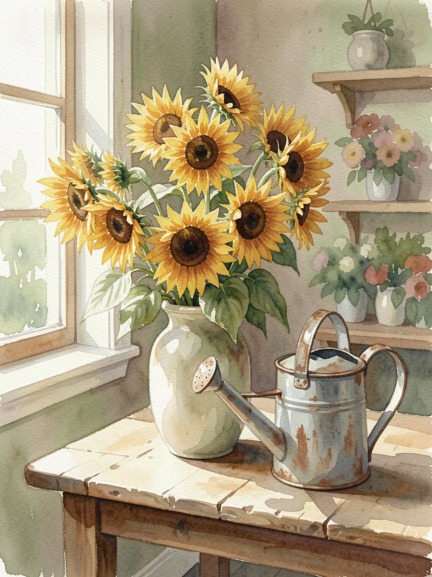 A vase of wild sunflowers in a charming flower shop next to an antique watering can.