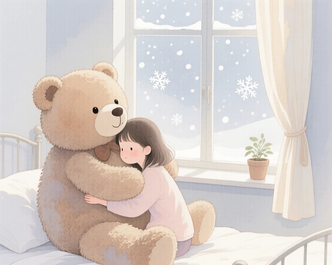 A young girl hugs a large teddy bear while looking out her bedroom window at falling snow