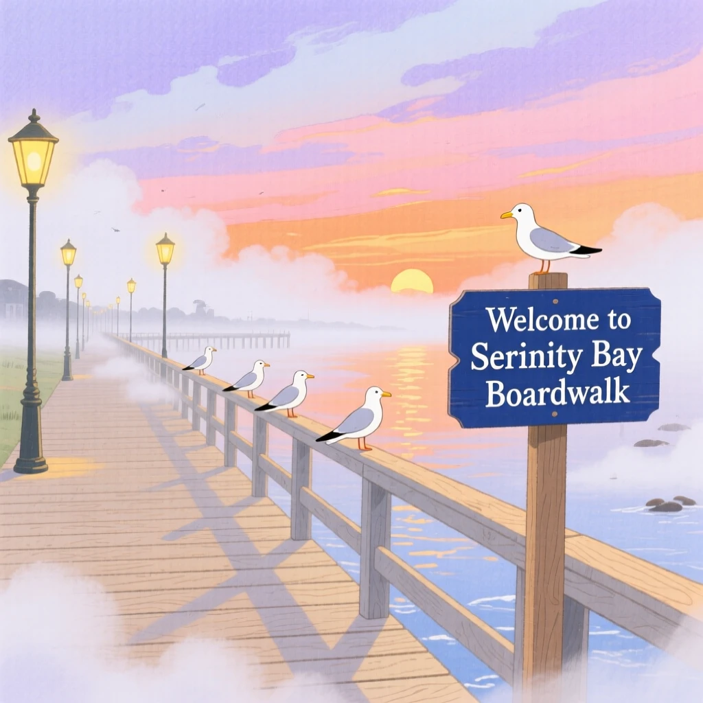 A panoramic scene of a coastal boardwalk at sunset under a soft blanket of fog.