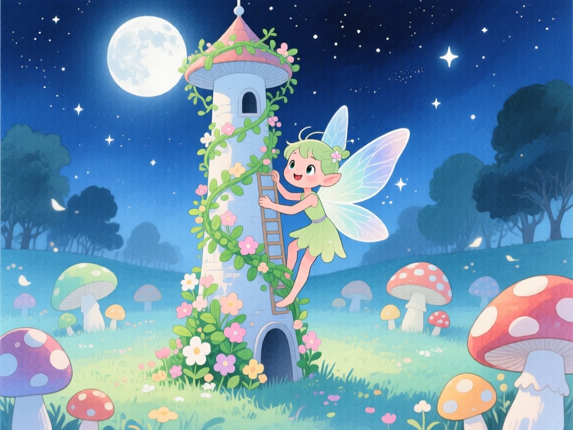 A curious fairy climbing a spiral tower wrapped in blooming vines, in a moonlit meadow ringed with mushroom circles, sparking childlike imagination and awe.