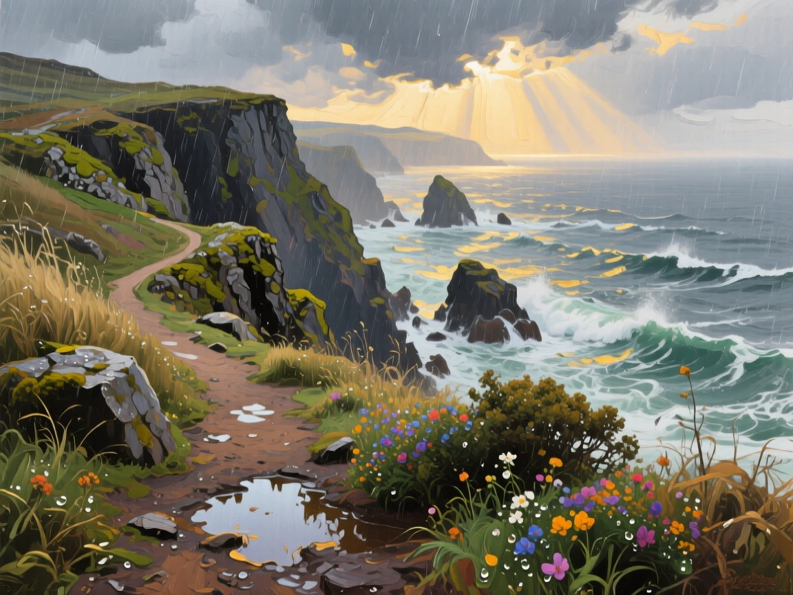 a cliffside path above a restless sea, after a passing rain shower, with layered visual detail from foreground to horizon.
