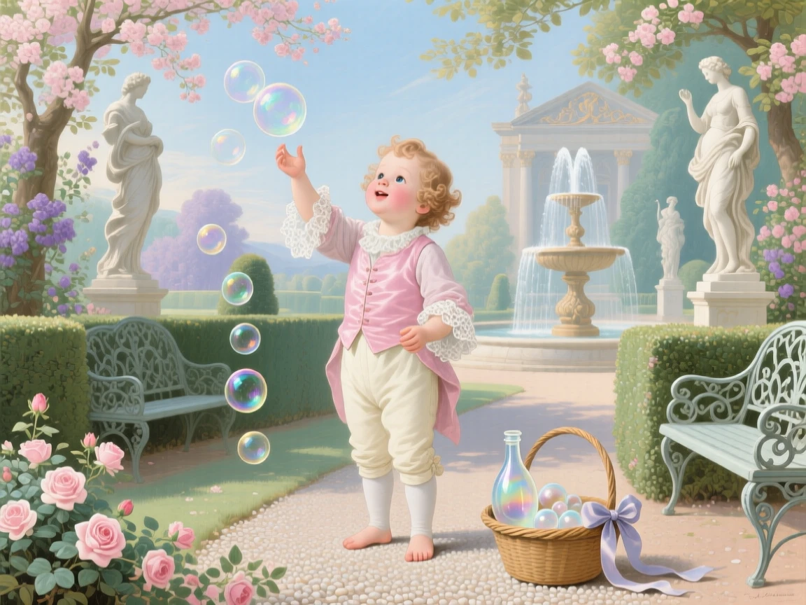 A child catching soap bubbles drifting across a formal garden  