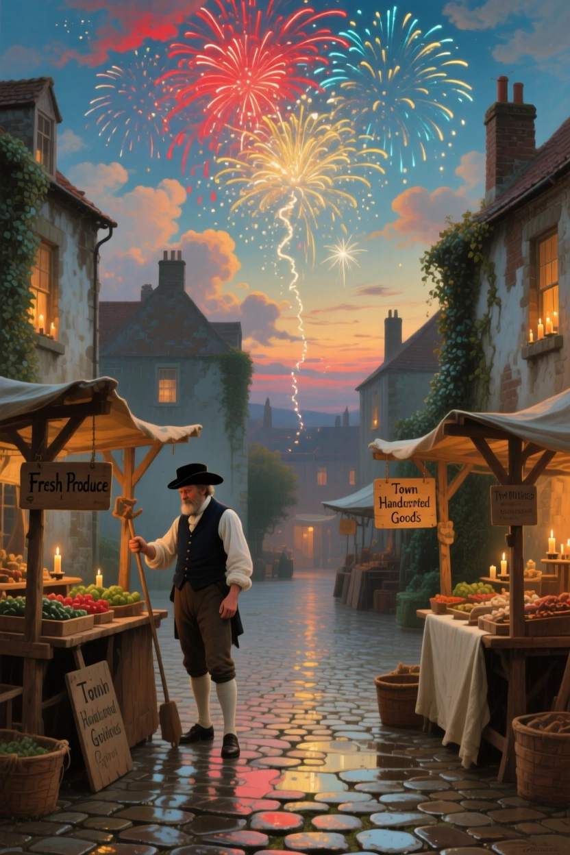A town crier sets up stalls in a quiet cobbled courtyard beneath a sky full of fireworks.