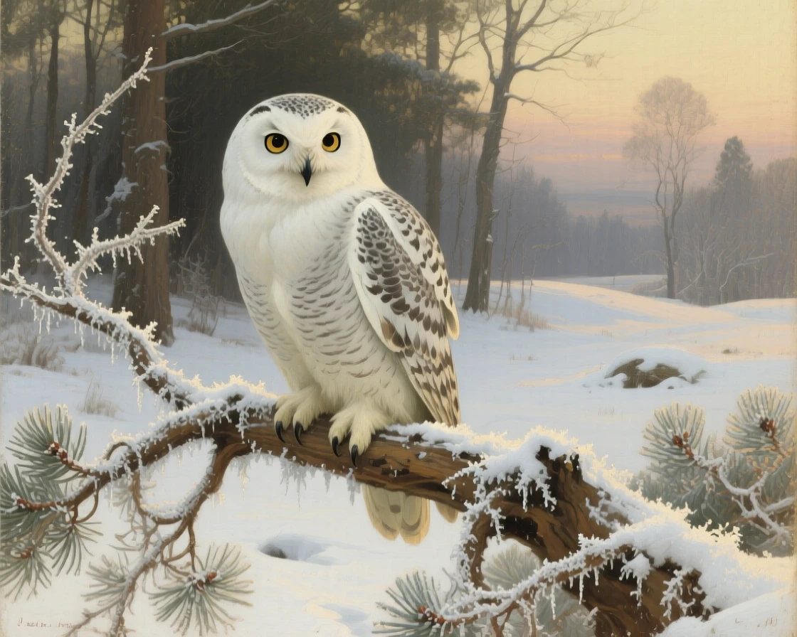 A snowy owl perched silently on a frost-covered branch, its expression conveying an almost human sense of awareness, highlighting the quiet majesty found in the natural world