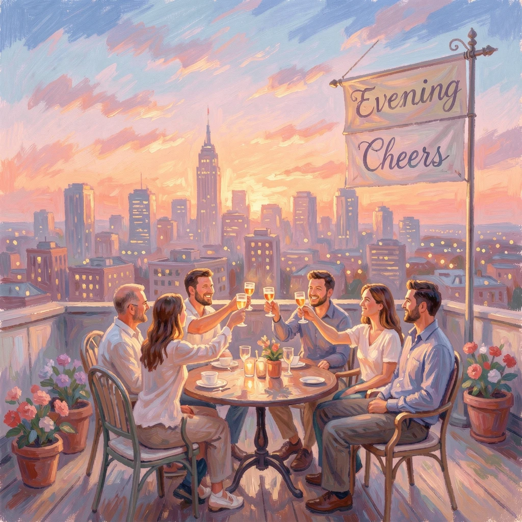 Friends toasting at a rooftop gathering as the sun sets over a glowing city skyline.