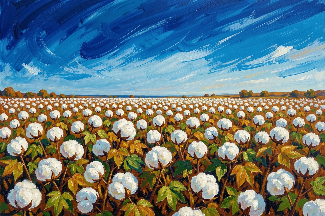 A field of cotton ready for harvest under a wide blue autumn sky.