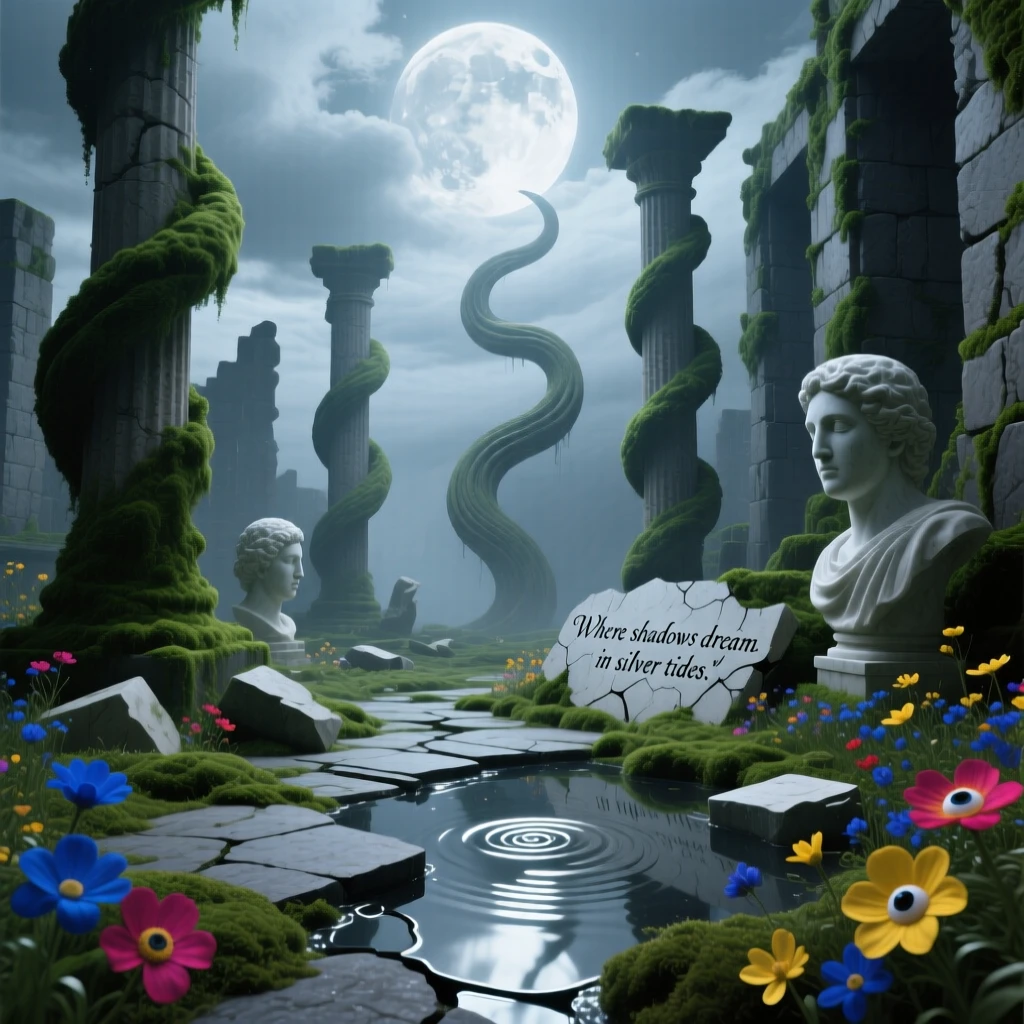 An ancient ruin where moonlight pools like liquid silver on the floor stands silent under a sky heavy with soft grey clouds, as moss and wildflowers creep gently across old stone.