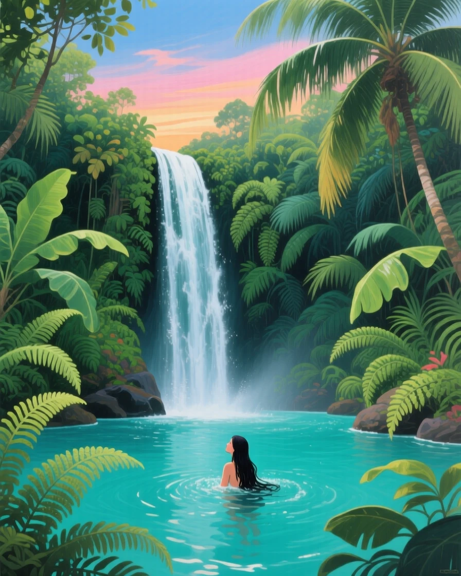 A hidden jungle waterfall in Bali cascades into a clear turquoise pool, tropical ferns and palm fronds framing the scene, a woman swimming beneath the falling water, subtle color shifts across the sky suggesting the slow passage of time within the scene.