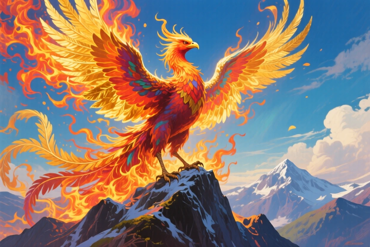 A majestic phoenix rising in a burst of flame and golden feathers above a mountain peak