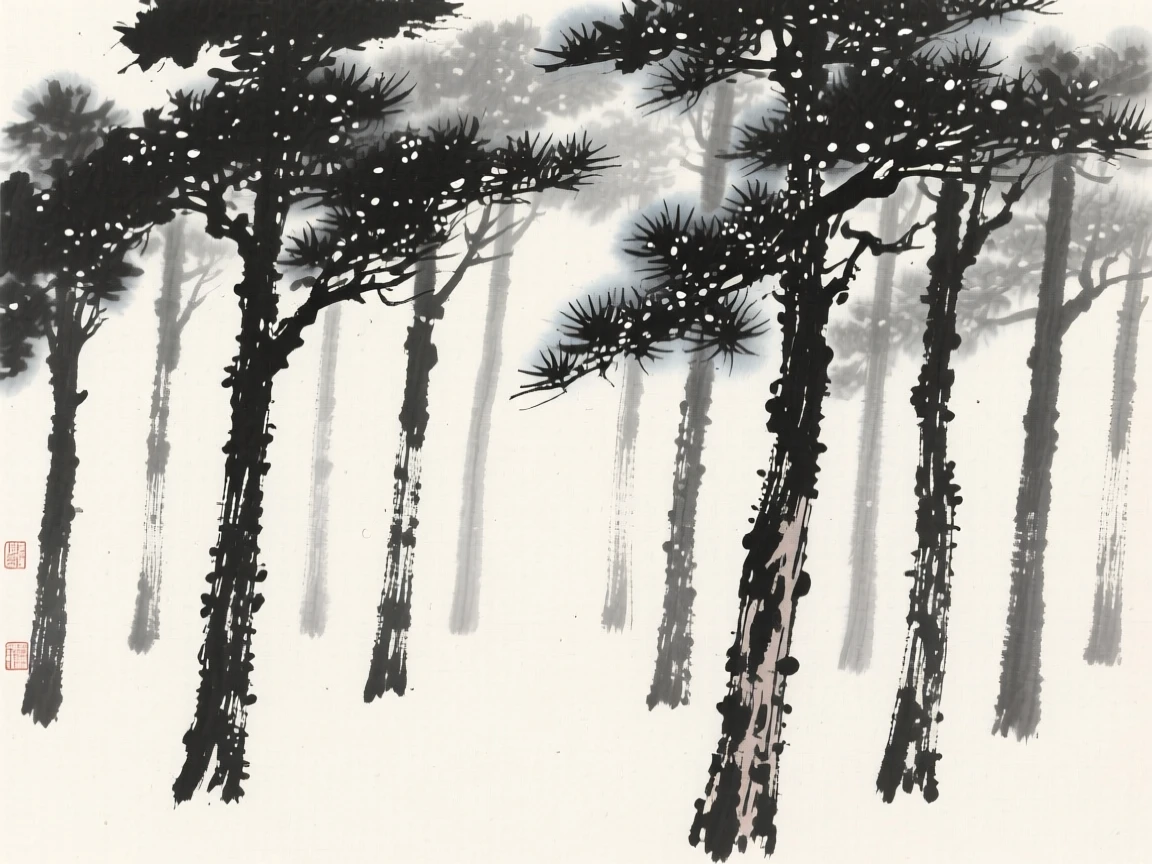a grove of tall cypress trees, with morning dew clinging to every leaf.