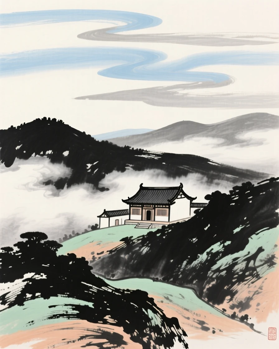 A hillside monastery wrapped in drifting cloud, under a sky streaked with clouds, touched with gentle melancholy.