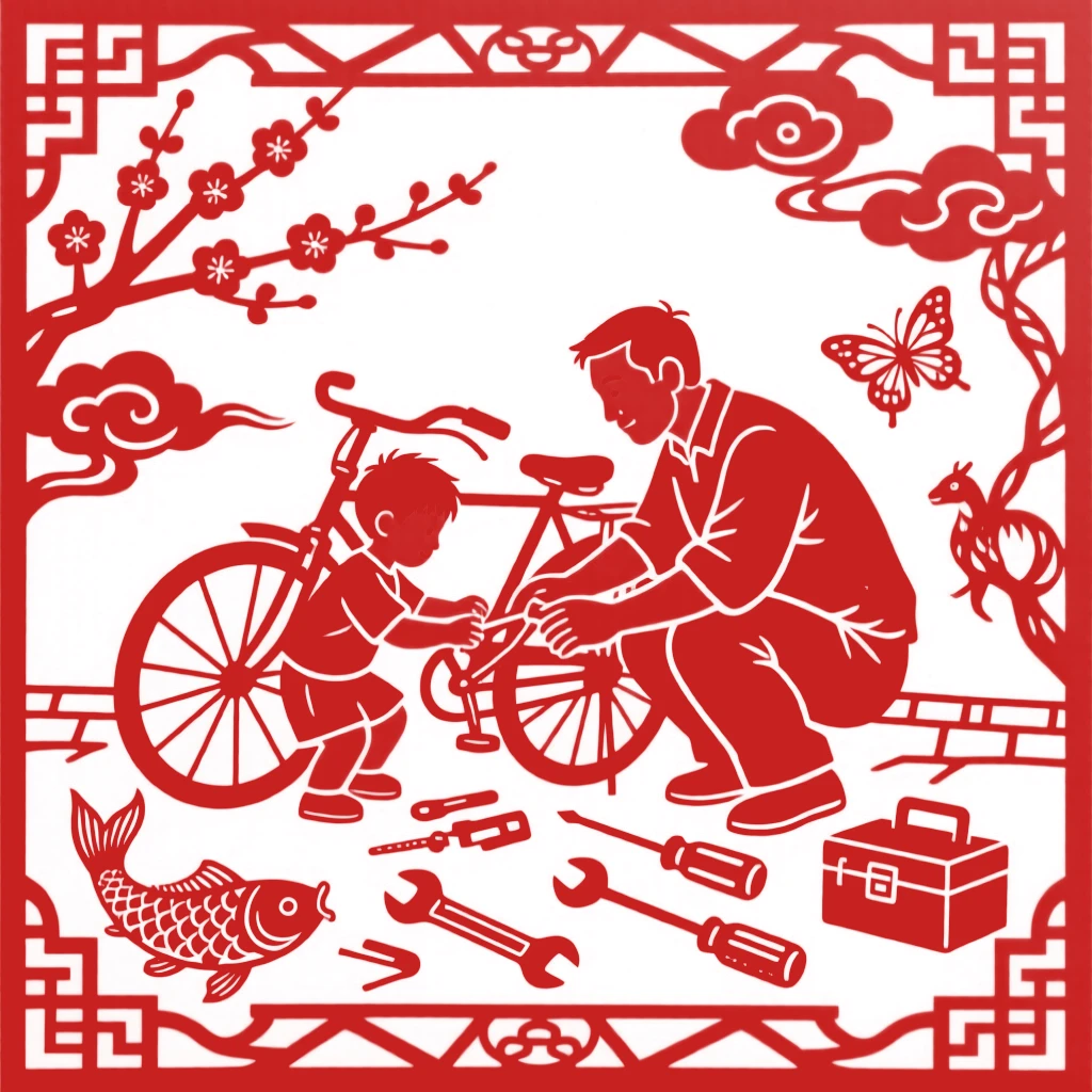 A father and son fixing a bicycle together in the courtyard, tools scattered around them, both focused and content
