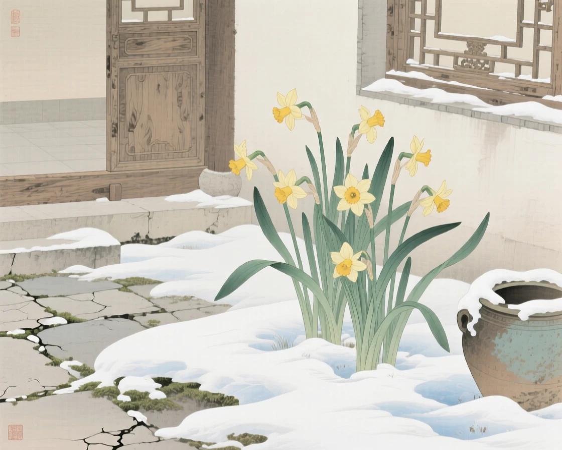 Daffodils pushing up through late winter snow in the corner of a quiet scholar's courtyard
