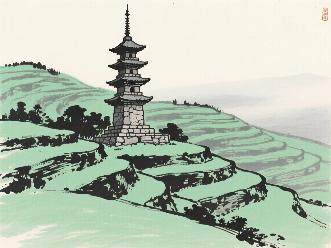 An ancient stone pagoda nestled among terraced green hillsides, viewed from below to emphasize its quiet grandeur, capturing a serene blend of nature and human presence.