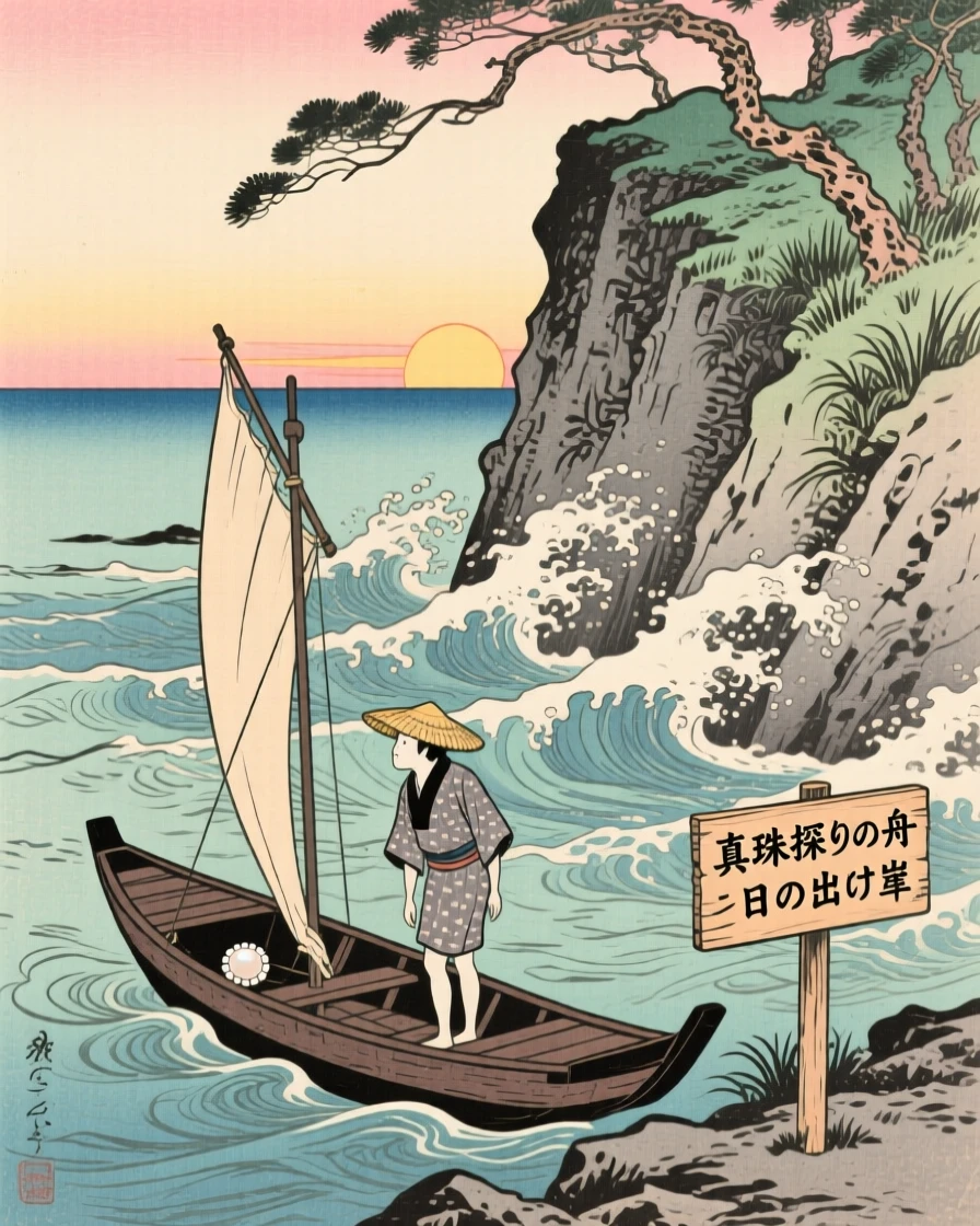A pearl diver's boat along a wind-swept cliff edge, at sunrise.