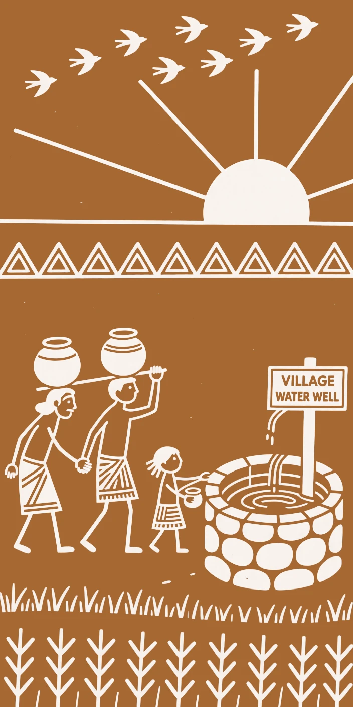 Three generations of one family helping each other carry water home near a well at sunrise.
