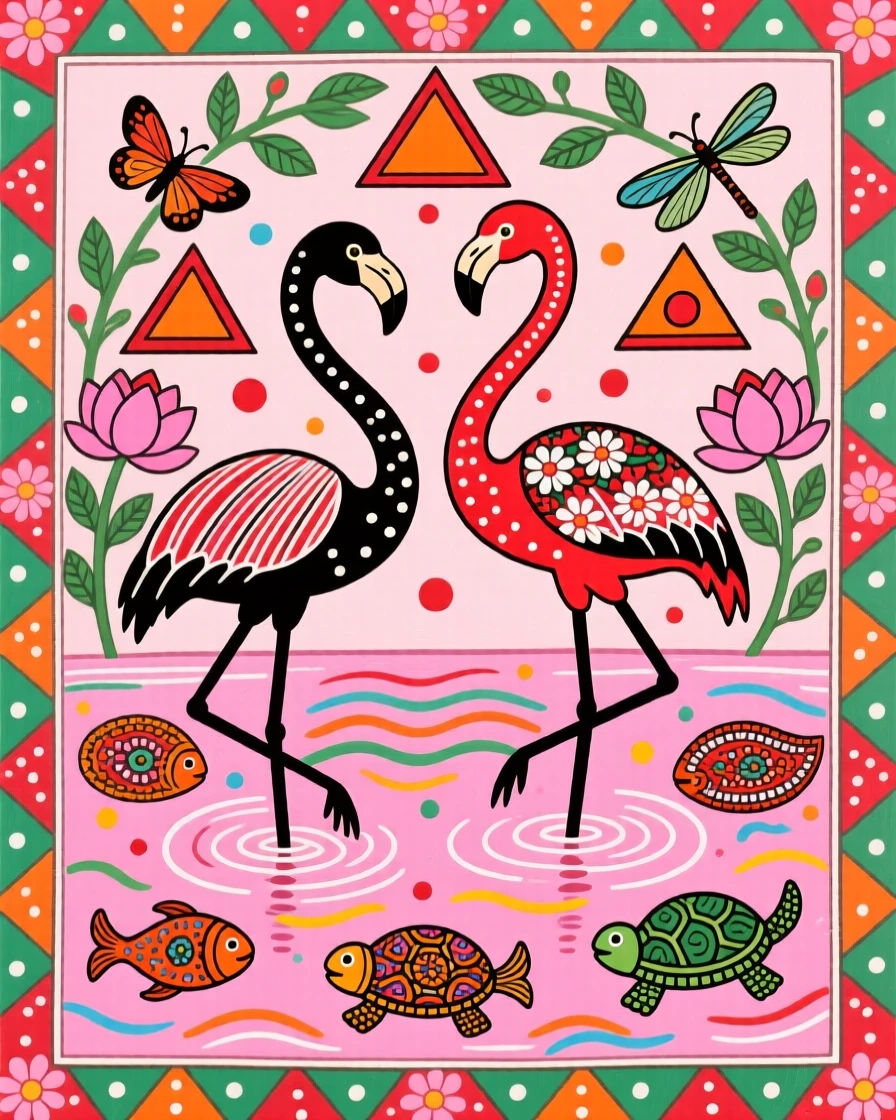 Flamingos wading together through a shallow pink-tinged lagoon.