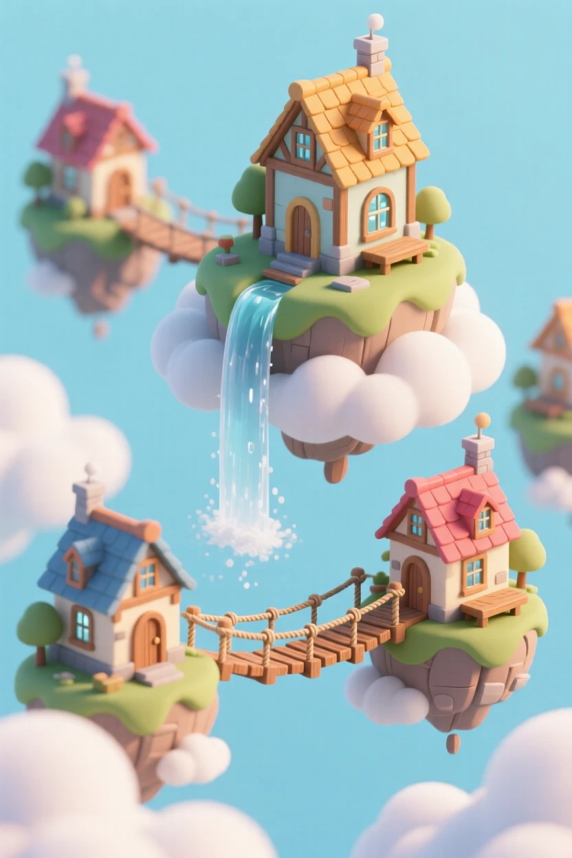 A floating cloud city with houses perched on drifting islands, rope bridges swaying between them, and a waterfall spilling down into the clouds below.