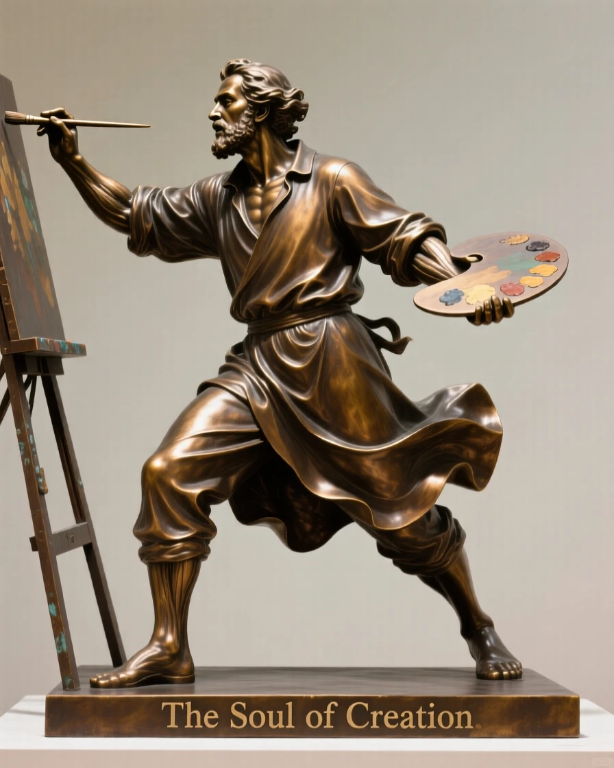 A painter lost in creation, captured in dramatic, dynamic motion, forming a strong central focal point