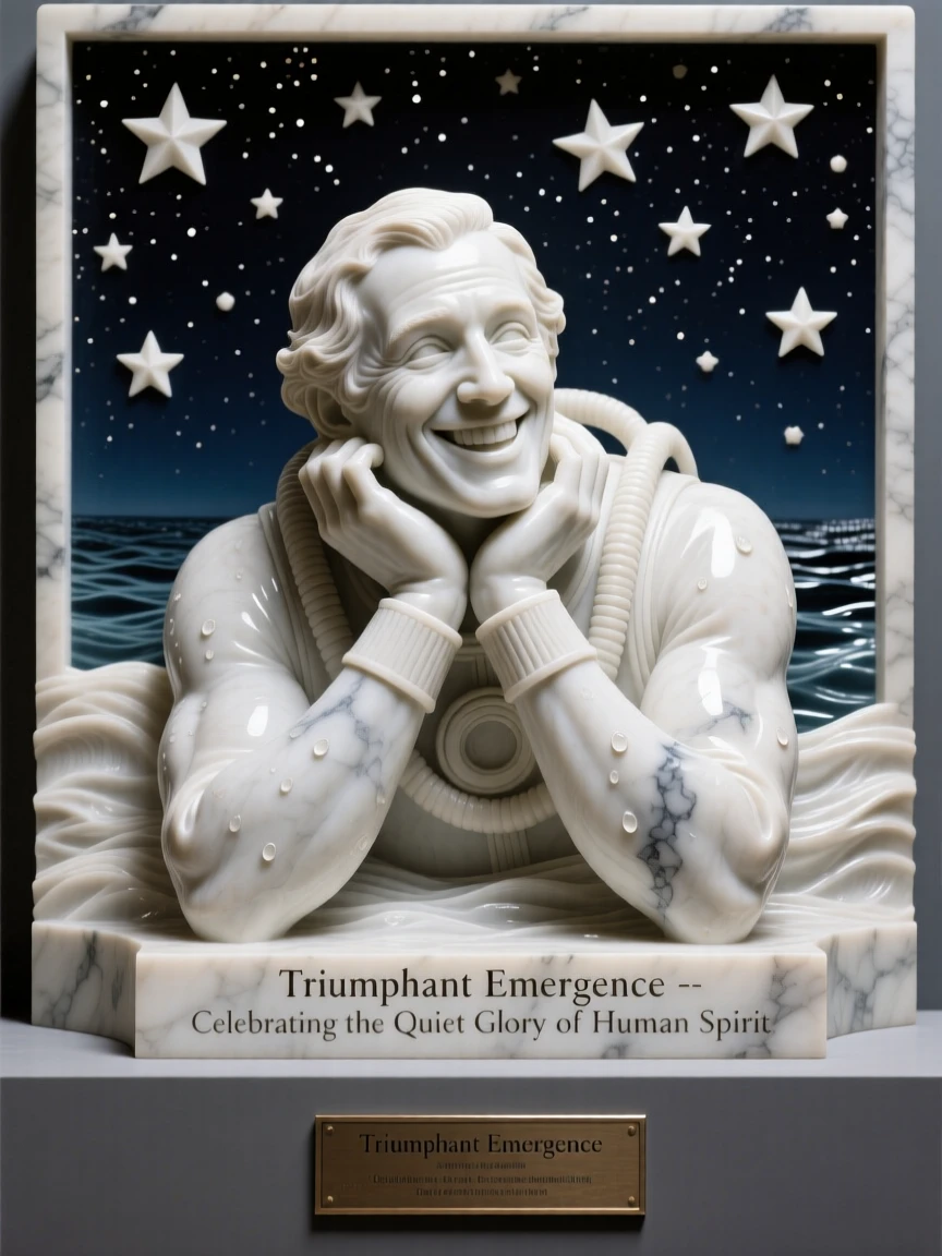 A tender portrait of a diver surfacing with a triumphant smile, resting chin on folded hands, under a star-filled night sky, evoking warmth and humanity